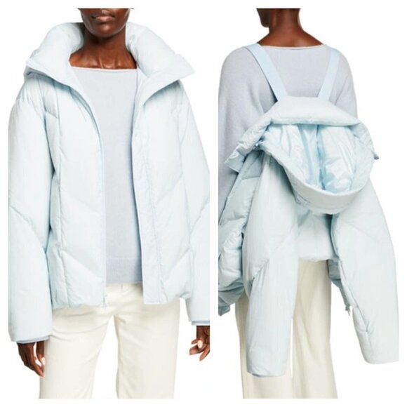 NEW VINCE Women's L Hooded Zip-front Down Puffer Jacket Coat Pale Glacier Blue